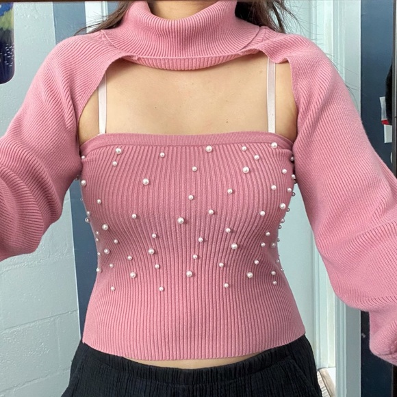 Meraki 2-piece ribbed sweater tube top, balloon sleeve cowl neck coord set - Picture 4 of 9